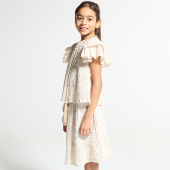 بلوزة مطبوع عليها بأكمام مكشكشة اللون بيج للفتيات